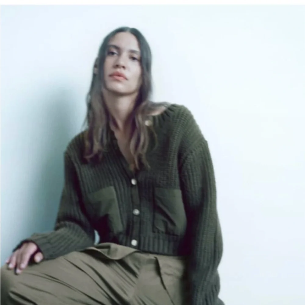 NWT Zara Green Knit Cardigan Cropped Style Zara combination nit cardigan with p - Picture 2 of 16